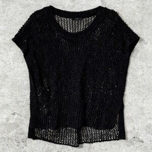 Ruti Linen Blend Open Knit Short Sleeve Tunic Sweater Top Black size S / M